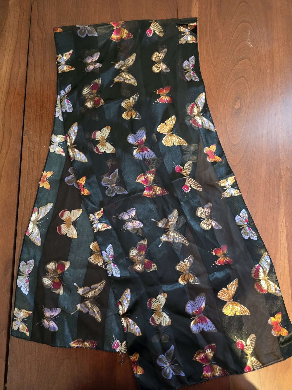 Black Sheer Butterfly Scarf with Multicolor Motifs, 59" x 13", Silky Smooth, EUC